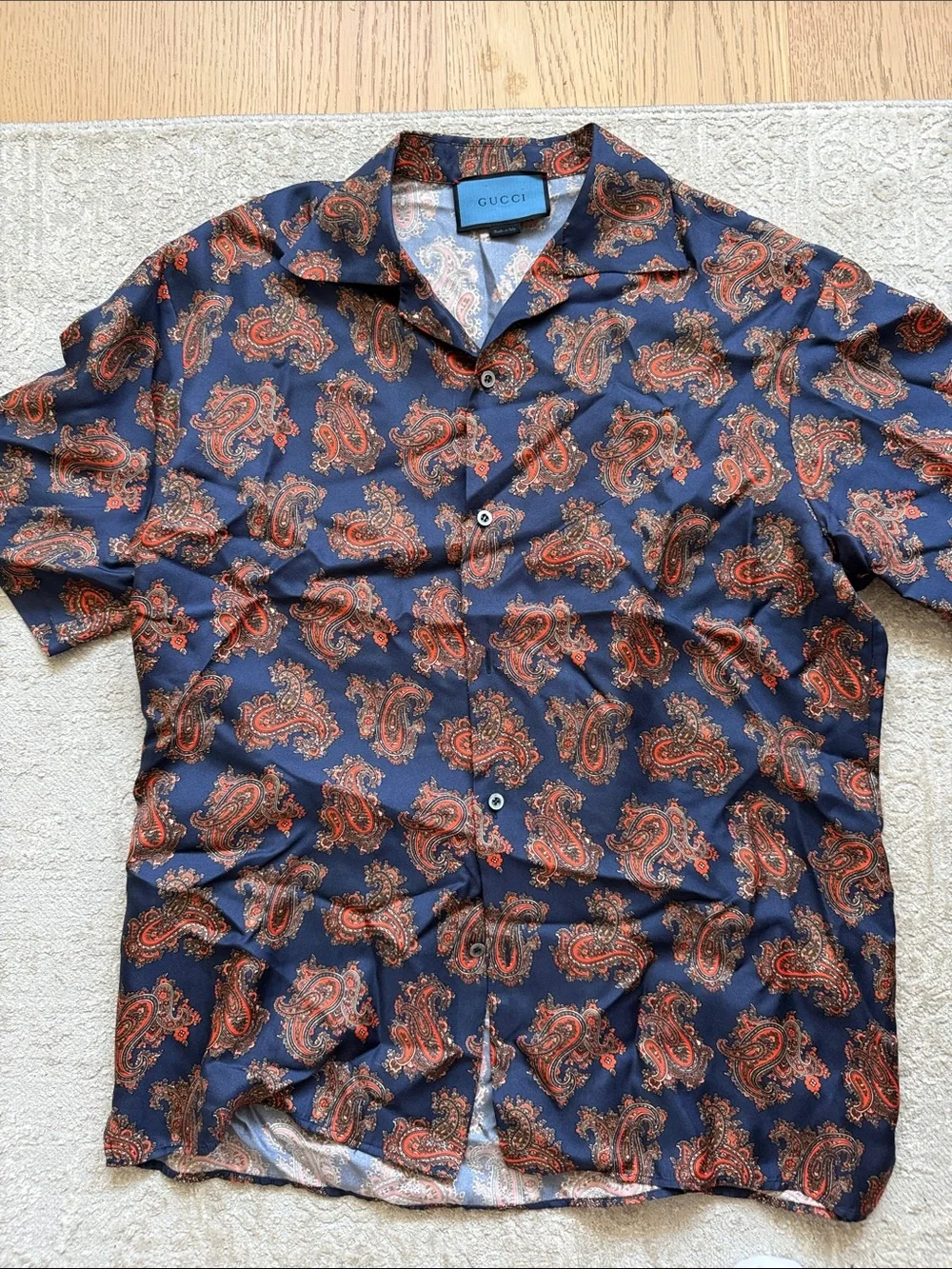 Gucci Navy Short-Sleeve Button-Down Shirt with Orange Paisley Print